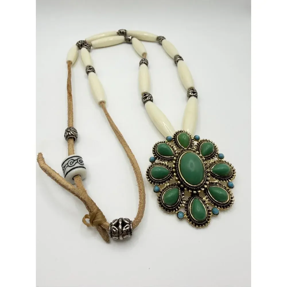 Western Turquoise Statement Pendant Necklace Adjustable Ivory Beads